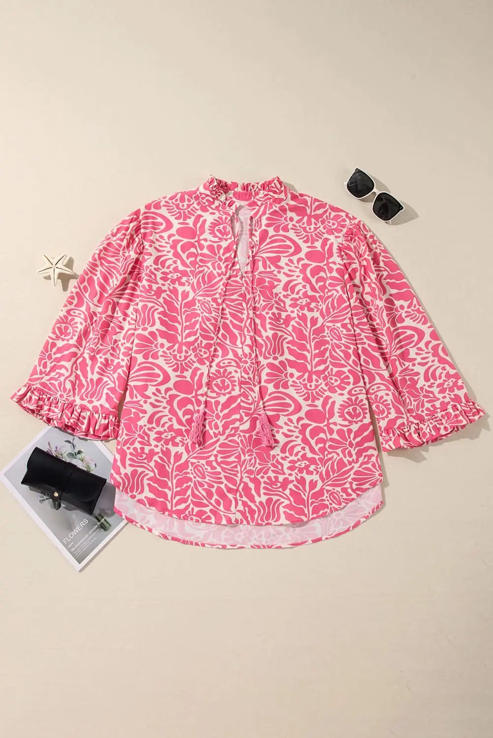 Pink Plus Size Floral Print Frilled Neck Puff Sleeve Top - Love Salve